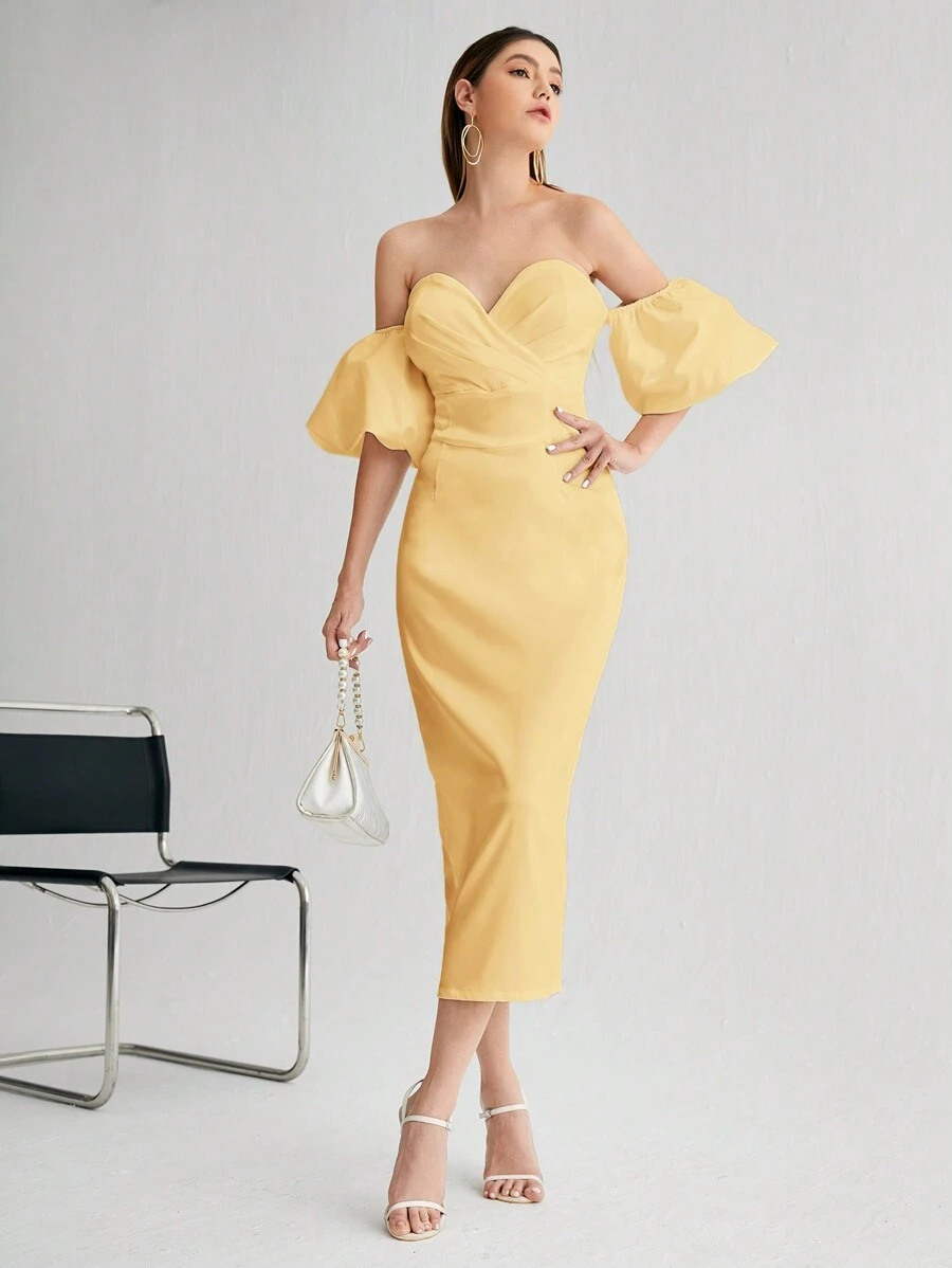 SHEIN Belle Off Shoulder Puff Sleeve Cocktail Dress - Yellow - View 1