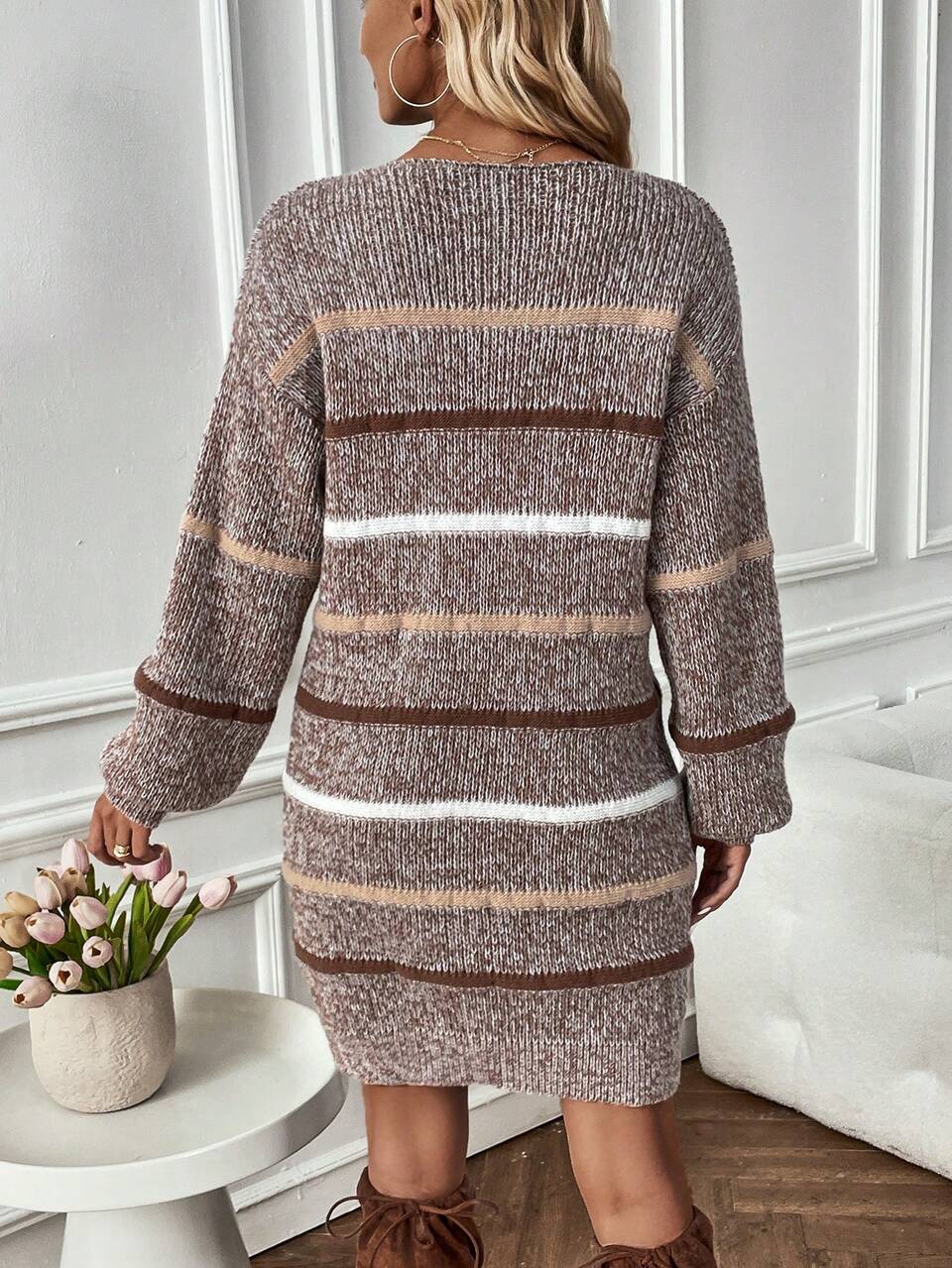 Striped Pattern Drop Shoulder Sweater Dress Fall Winter Cloth For Women