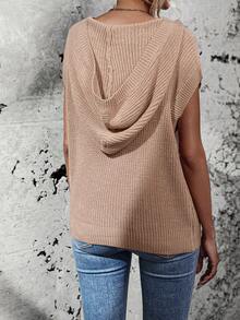 SHEIN Frenchy 素色蝙蝠袖連帽毛衣背心 - 卡其色 - 查看 2