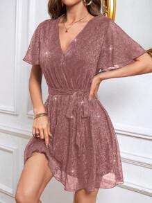 SHEIN Privé Váy lấp lánh thắt lưng cổ Surplice - Bụi hồng - Xem 5