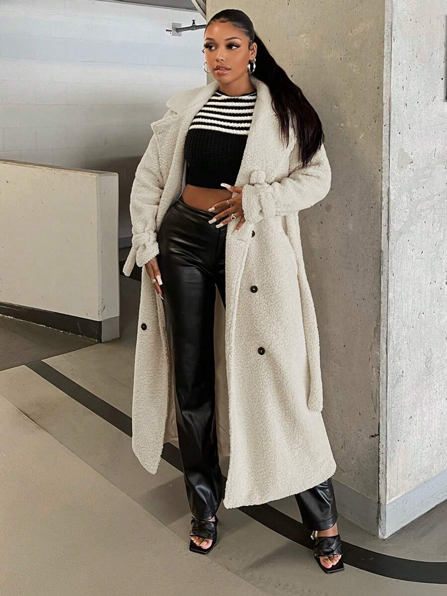 SHEIN SXY Double Breasted Belted Longline Teddy Coat - Beige - View 1