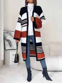 SHEIN Maternity Striped Pattern Colorblock Drop Shoulder Cardigan, For Winter - Multicolor - View 1