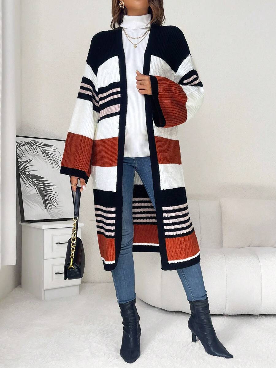SHEIN Maternity Striped Pattern Colorblock Drop Shoulder Cardigan, For Winter - Multicolor - View 1