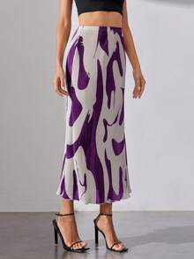 SHEIN Tall Graphic Lettuce Hem Print A-line Skirt - Purple - View 4