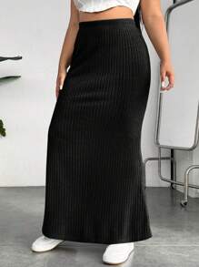 SHEIN EZwear Plus Solid Split Thigh Ribbed Knit Mermaid Hem Skirt - Black - View 3