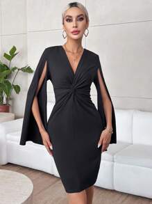 SHEIN Privé Twist Front Cloak Sleeve Bodycon Dress - Pink - View 3