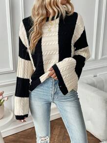 Chiquease Two Tone Cable Knit Drop Shoulder Knit Pullover Fall Winter Sweater - Multicolor - View 6