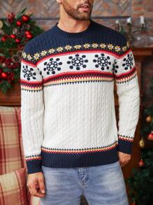 Manfinity Homme Men Geo Pattern Graphic Color Block Cable Knit Casual Pullover Long Sleeve Sweater, For Party, Friends, Christmas - Multicolor - View 5