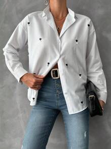 SHEIN Cottnline Heart Embroidery Drop Shoulder Shirt - White - View 4