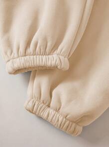 SHEIN EZwear Plus Solid Thermal Lined Sweatshirt & Sweatpants & Track Shorts - Khaki - View 3