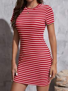 SHEIN Essnce Vestido ajustado con estampado de rayas - Burdeos - Ver 3