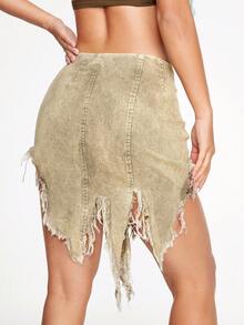 SHEINNeu 女式不对称下摆磨边拼色半身裙 - 軍綠色 - 查看 2