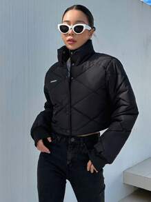 字母拼饰按扣夹棉大衣 - 黑色 - 查看 5