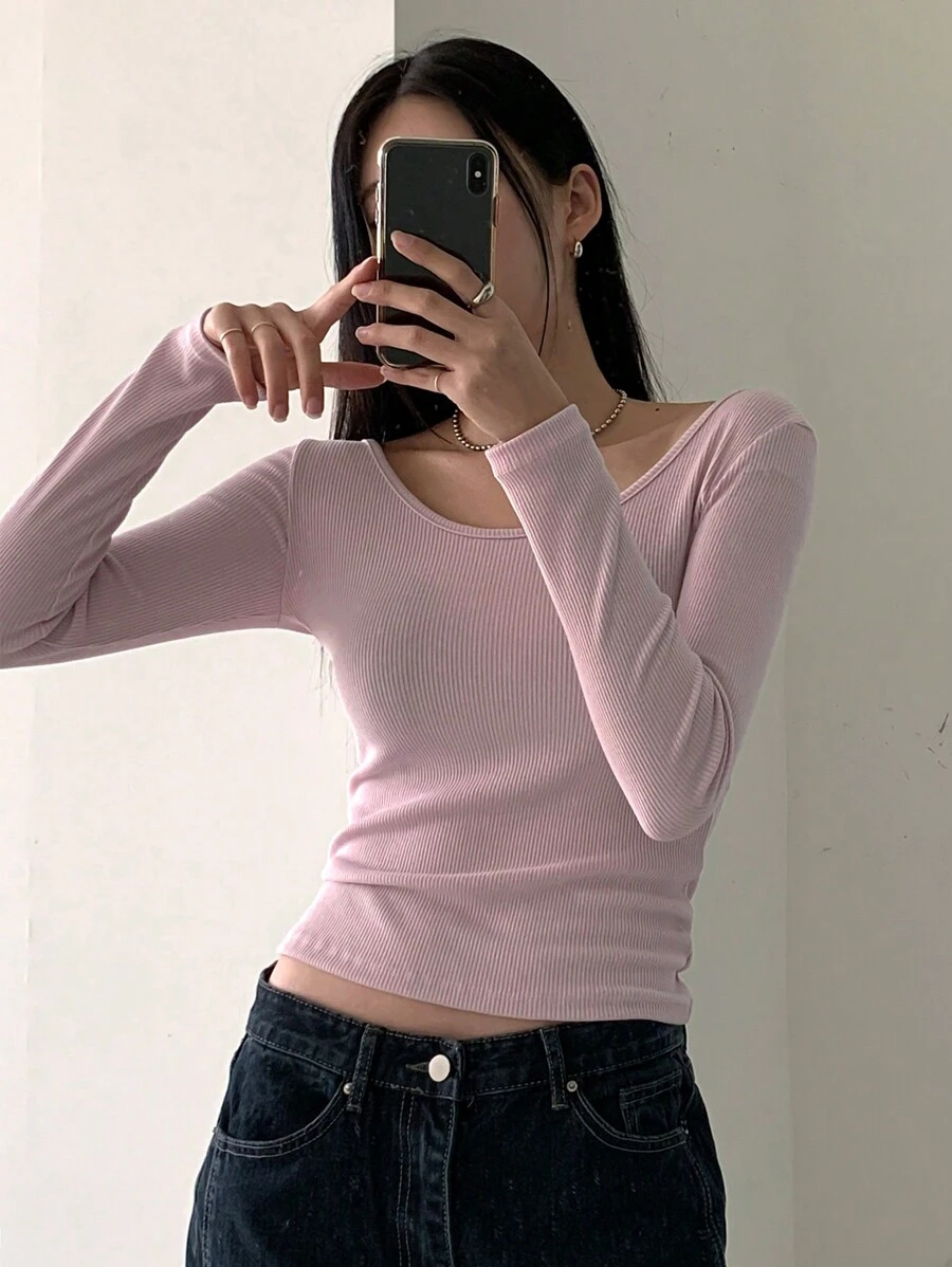 DAZY 淨色低圓領短款T恤 - 粉色 - 查看 1