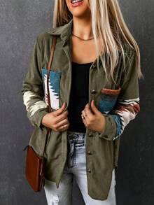 CILKOO Geo Print Drop Shoulder Corduroy Shirt - Army Green - View 4