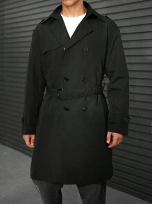 Manfinity Homme 寬鬆版型的男士雙排扣束腰風衣 - 黑色 - 查看 6