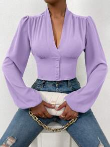 SHEIN Privé 深V領燈籠袖短款襯衫