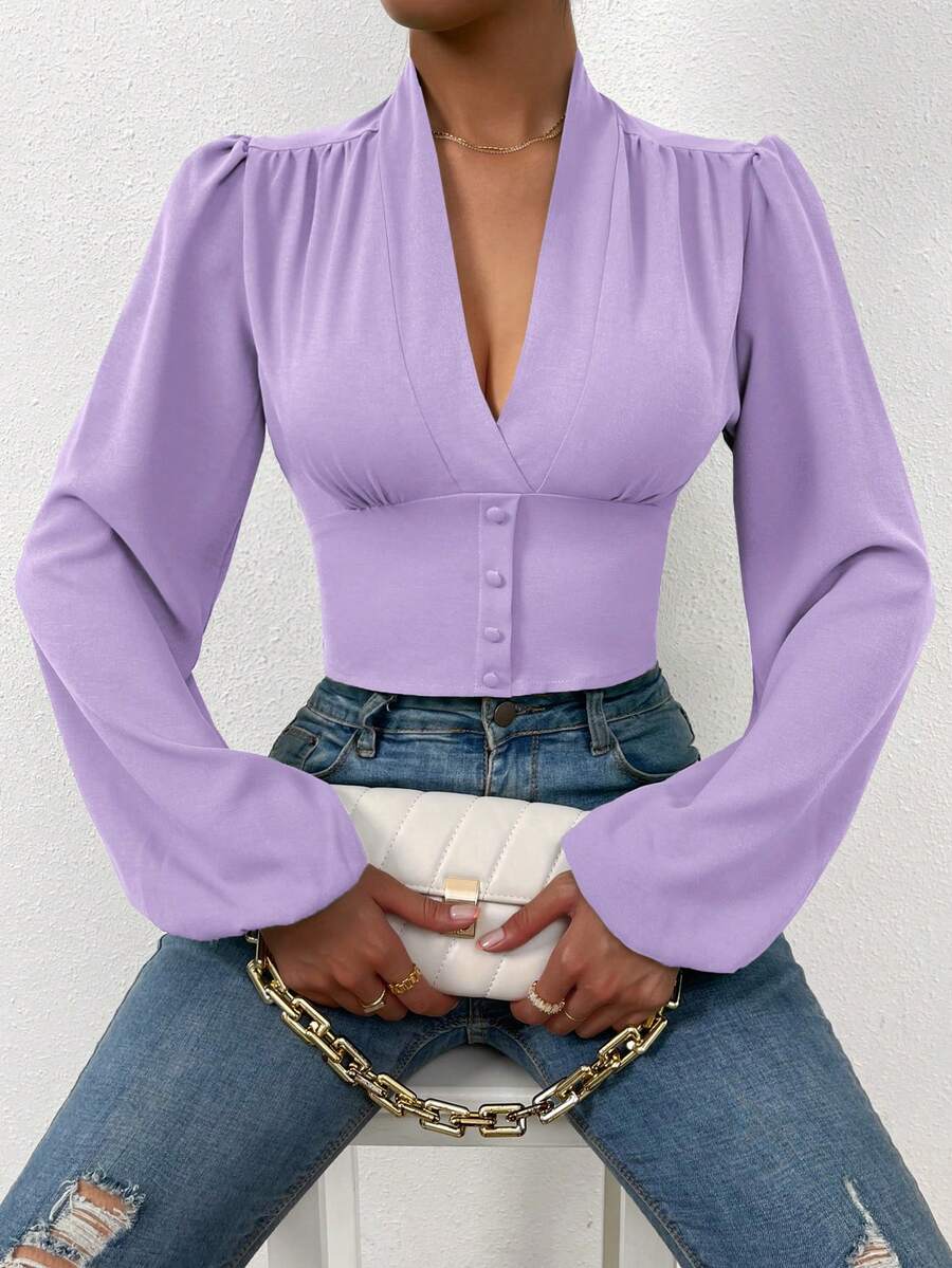 SHEIN Privé 深V領燈籠袖短款襯衫