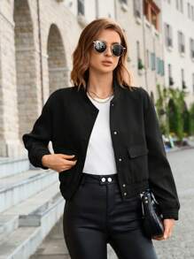 Flap Pocket Button Front Bomber Jacket Fall Winter Cloth For Women - Black - View 3