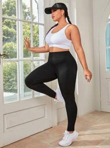 大碼寬腰帶運動打底褲 - 黑色 - 查看 4