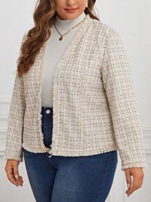 SHEIN Clasi Hơn In kẻ sọc Mở Mặt trước Cạnh thô áo - Màu be - Xem 4