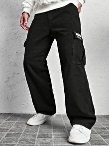 Claim Dot 男式字母贴片细节翻盖口袋侧牛仔裤，纯色长款宽松工装裤，纯黑色水洗工装裤，适合丈夫、男友礼物，垃圾摇滚 - 黑色 - 查看 3