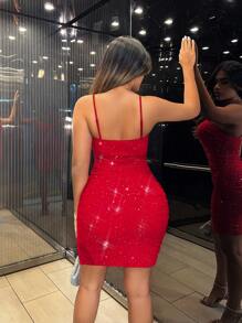 SHEIN SXY Vestido de malla roja con tirantes, pliegues y abertura en la pierna