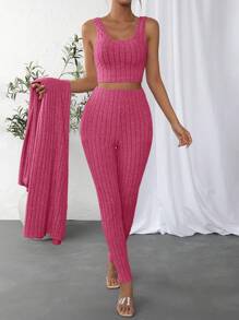SHEIN Essnce Solid Crop Tank Top & Leggings & Coat - Hot Pink - View 6