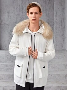 SHEIN Teen Boy Flap Pocket Fuzzy Trim Hooded Coat - White - View 1