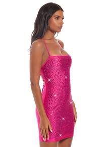 SHEIN BAE Vestido ajustado con lentejuelas, espalda cruzada y detalle de diamantes de imitación - Rosa Fucsia - Ver 6