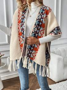 SHEIN LUNE Mẫu Geo Fringe Hem Áo Cardigan - Màu be - Xem 7
