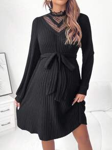 SHEIN Thai sản Lưới tương phản Cổ giả Váy có thắt lưng - màu đen - Xem 3