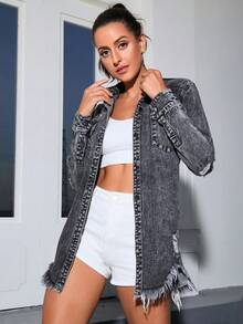Áo khoác & áo khoác denim nữ Túi Bị tách Nút phía trước màu trơn Giải trí - Màu xám đen - Xem 3