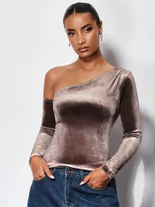 SHEIN BAE Asymmetrical Neck Velvet Tee, Going Out Top - Coffee Brown - View 6