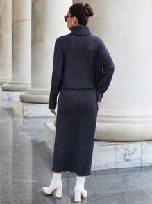RueChic Turtleneck Drop Shoulder Sweater & Knit Skirt - Navy Blue - View 2