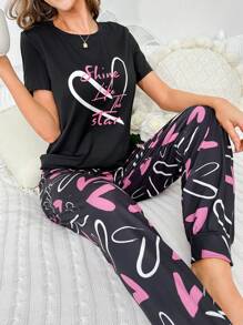 Heart & Slogan Graphic PJ Set / Pajama Set - Black - View 1