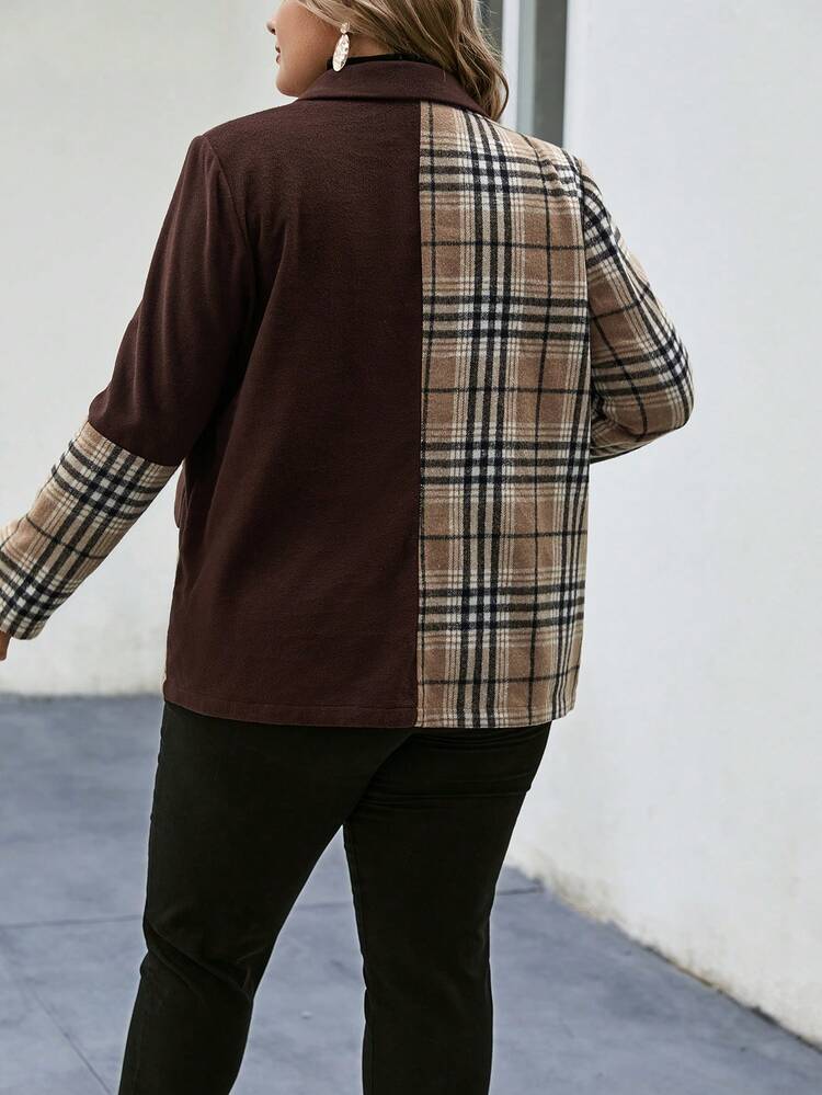 Plus Plaid Print Lapel Neck Blazer