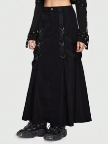 ROMWE Grunge Punk Solid Buckle Detail Fold Pleated Skirt - Black - View 1