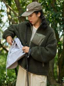 DAZY Dây kéo Thả vai Áo Teddy Jackets - màu xanh lá - Xem 4