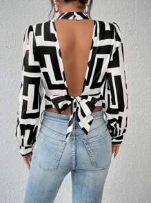 SHEIN Unity 幾何印花領帶露背小高領襯衫 - 彩色 - 查看 6