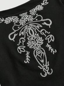 ROMWE Fairycore Floral Print Flounce Sleeve Tee - Black - View 4