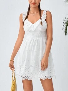 Soleia 荷葉邊網眼刺繡連衣裙 - 白色 - 查看 5