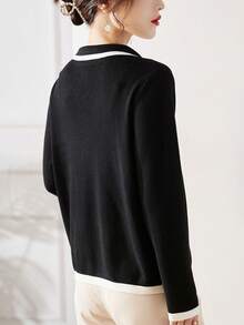 Viền tương phản Nút phía trước Áo len - màu đen - Xem 2
