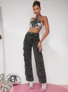 SHEIN ICON Top crop con lentejuelas - Plateado - Ver 5