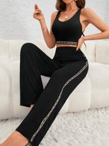 SHEIN Essnce 鏈條印花短款背心和褲子 - 黑色 - 查看 1