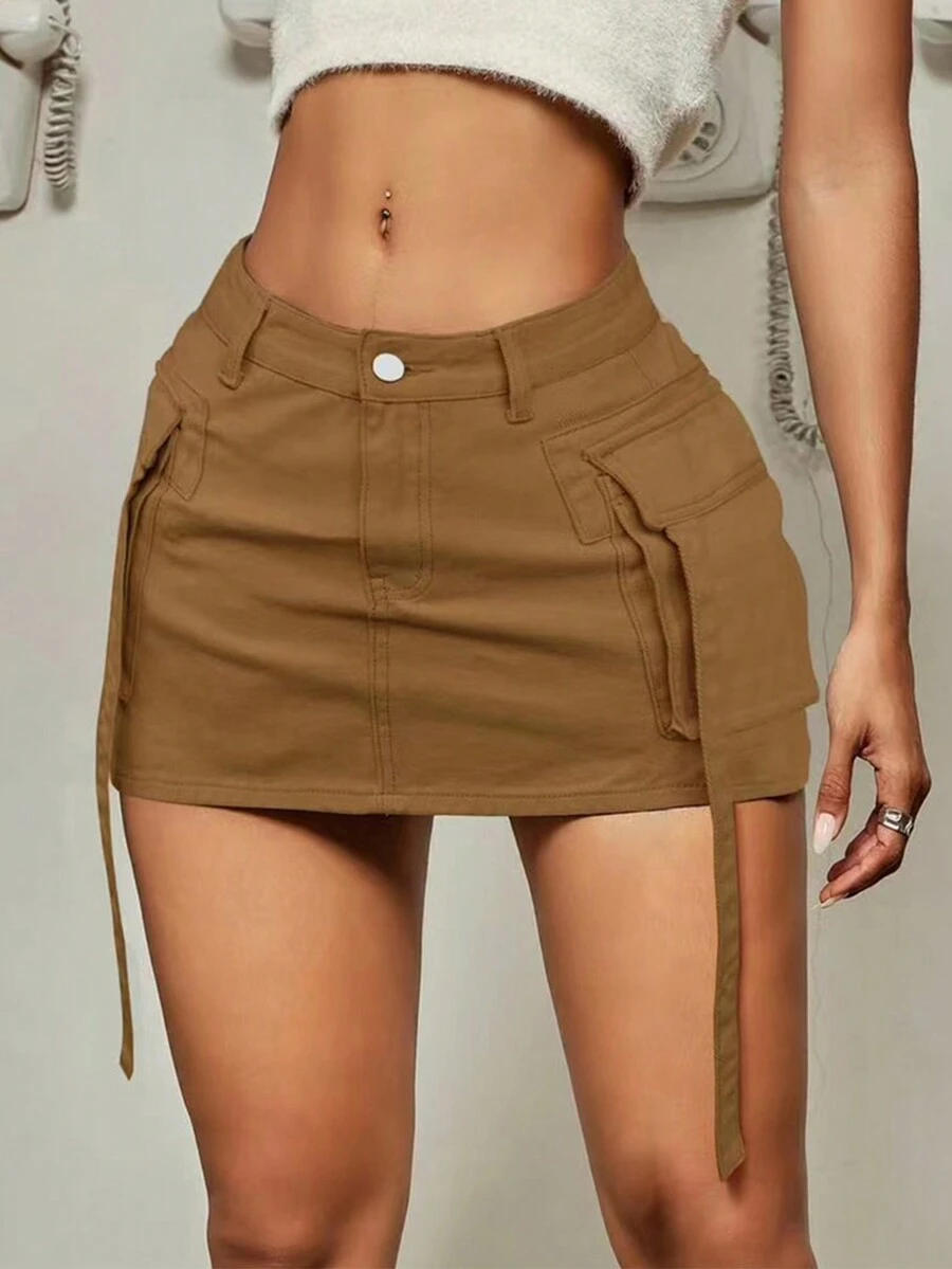 Minifalda de mezclilla cargo con detalles de cinta y bolsillo con solapa, estilo Y2K de los 90, sencilla y cómoda - Caqui - Ver 1