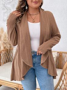 SHEIN LUNE 大碼開門襟不對稱下擺外套 - 卡其色 - 查看 3