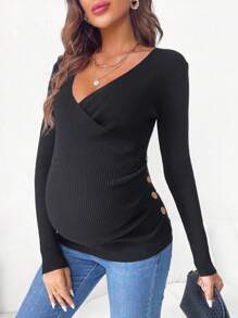 SHEIN Maternity Surplice Neck Button Detail Ribbed Knit Sweater - Black - View 3