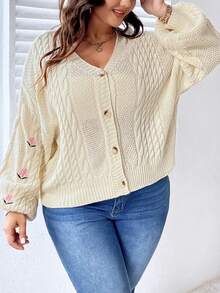 Celure Plus Floral Embroidery Cable Knit Drop Shoulder Cardigan - Beige - View 5