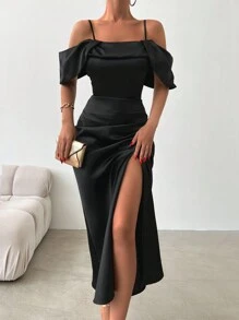 EURMUSE Cold Shoulder Split Thigh Satin Dress - Black - View 5